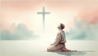 Young man kneeling and looking at the cross. Digital watercolor painting. - obrazy, fototapety, plakaty