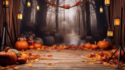 Naklejka na ściany i meble Embrace the cozy allure of fall with this captivating image featuring a rusted wooden backdrop beautifully complemented by the warmth of rustic pumpkins