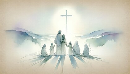  People holding hands and looking at the cross. Digital watercolor painting.  © Faith Stock