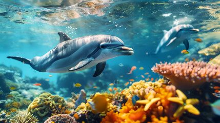 Fototapeta premium Dolphin paradise: colorful underwater world with graceful dolphins