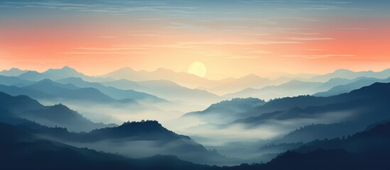 Fototapeta premium Enchanting silhouette of hills in misty sunset.