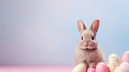 Obraz premium Symbol of the Easter holiday fluffy bunny rabbit with eggs. Happy Easter day.