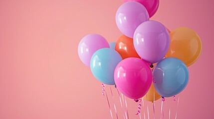 Bunch of bright balloons on pink background, space for text.
