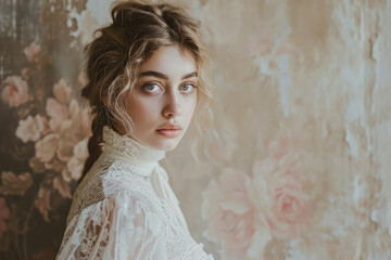 Fototapeta premium Young woman in white dress with lace detail on the left , in the style of soft , muted color palette