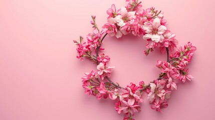 Flowers composition. Wreath made of pink flowers on pink background. Flat lay, top view, copy space
