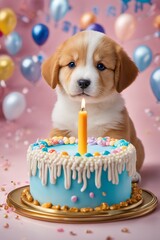 Puppy with Birthday Cake Celebrating Special Moment
