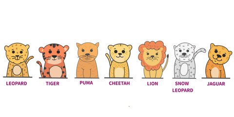 cat family cartoon isolated vector art,lion,cheetah,puma,cute little big cat family animals