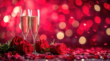 Valentines day background with champagne glasses and red roses