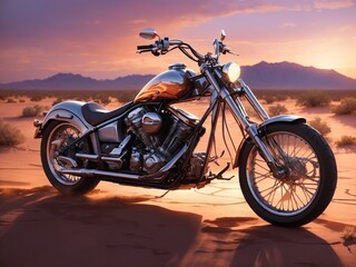 Obraz na płótnie Canvas Dusk Rider's Revelation: A Mesmeric Chopper Motorbike in the Desert Twilight -AI Generated