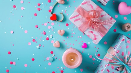 Fototapeta premium Valentine's Day background. Gifts, candle, confetti, envelope on pastel blue background. Valentines day concept. Flat lay, top view, copy space