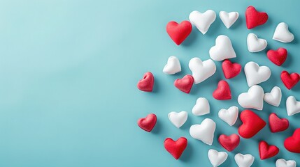 Valentine's Day background. White and red hearts on pastel blue background. Valentines day concept. Flat lay, top view, copy space