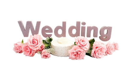The word Wedding composed of a ring a bouquet a miniature cake isolated on a transparent background 