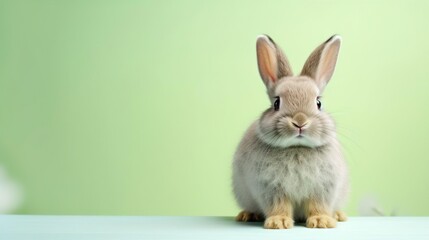 Cute Easter bunny rabbit on green background. Happy Easter holiday. Copy space.