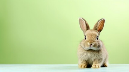Fototapeta premium Cute Easter spring bunny rabbit on green background. Happy Easter holiday. Copy space.