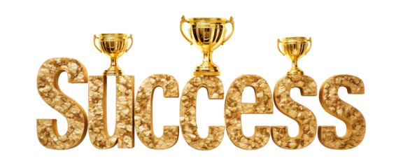 The word Success composed of golden trophies and medals isolated on a transparent background minimalist 