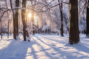 Winter forest and sunset illustration.