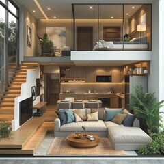 contemporary two-story studio apartment depicted in a cutaway view. The design is a harmonious blend of modern minimalism and cozy aesthetics.  