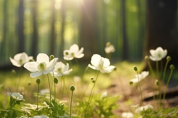 White anemone flowers in spring in forest illustration.