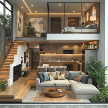 Contemporary Two-story Studio Apartment Depicted In A Cutaway View. The Design Is A Harmonious Blend Of Modern Minimalism And Cozy Aesthetics.  