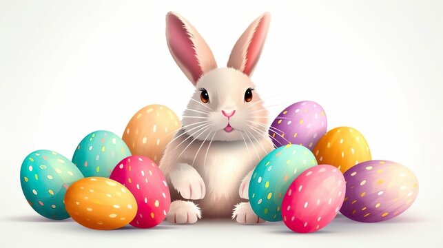 Lovely fluffy Easter bunny rabbit with decorated painted eggs. Happy Easter holiday.