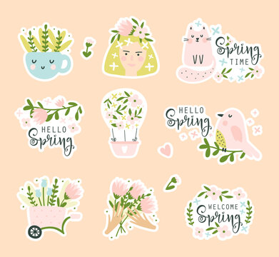 Spring stikers set. Vector illustrations