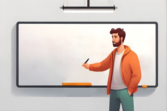 illustration of A man demonstrated writing on a blank white board,  man calculates tax on himself, self study