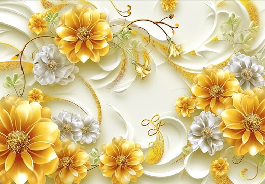 gold wallpaper wallpapers with flowers in different colors, in the style of jewelry by painters and sculptors, life-like avian illustrations, 32k uhd, yellow and white, romantic riverscapes.