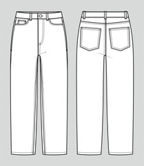 Baggy fit comfort jeans. High-waist regular fit trousers. Women's casual wear. Vector technical sketch. Mockup template.