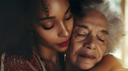 close-up adult daughter embracing black elderly mother at home, love care unconditional love concept