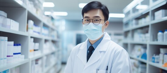 Fototapeta na wymiar Asian female pharmacist in white coat and medical mask holding clipboard in pharmacy, looking at camera.