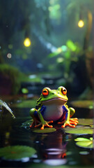 A frog sits on a leaf