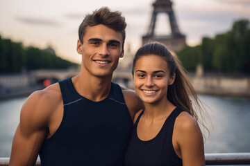 Young pair of athletes Olympians from the national team pose against the Eiffel Tower.Paris Olympics 2024. Generative Ai