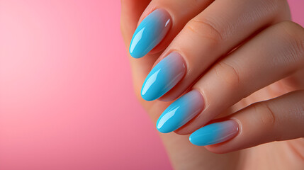 Glamour the woman's hand with classic blue nail polish on her fingernails. Red nail manicure with gel polish at a luxury beauty salon. Nail art and design. Female hand model. French manicure.AI image