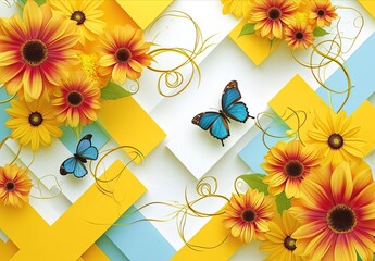 Yellow flowers and butterflies on a colorful geometric background, in the style of light white, spirals, simple and elegant style, three-dimensional / 3D effects, use of common materials.
