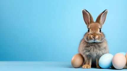 Lovely fluffy Easter bunny rabbit with decorated painted eggs on blue background. Happy Easter holiday. Copy space.