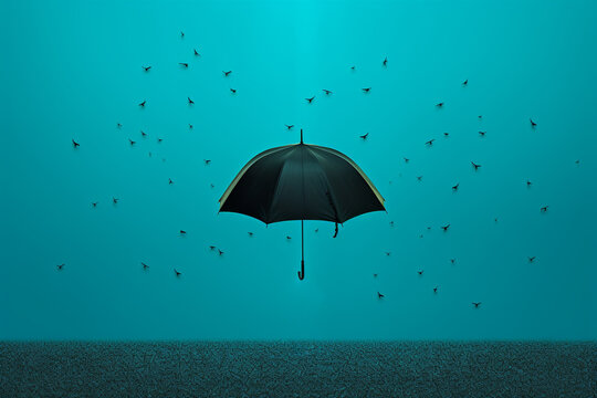 States of mind, graphic resources, fine and modern art concept. Abstract colorful illustration of umbrella in surreal and minimalist background with copy space