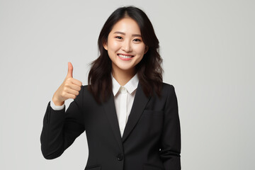 Asian female office worker in black suit with thumb up gesture. Generative AI