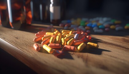View of medicines sits on the table - obrazy, fototapety, plakaty