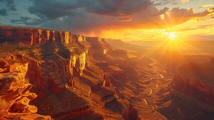 Towering cliffs overlooking a deep canyon, with the sun setting behind them, casting a warm, golden...