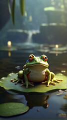A frog sits on a leaf in water