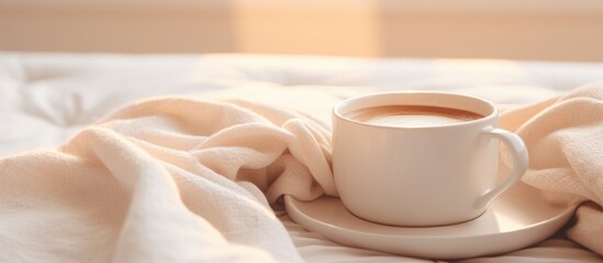 Fototapeta na wymiar Coffee cup on a white blanket on a bed with blurred foreground and background.