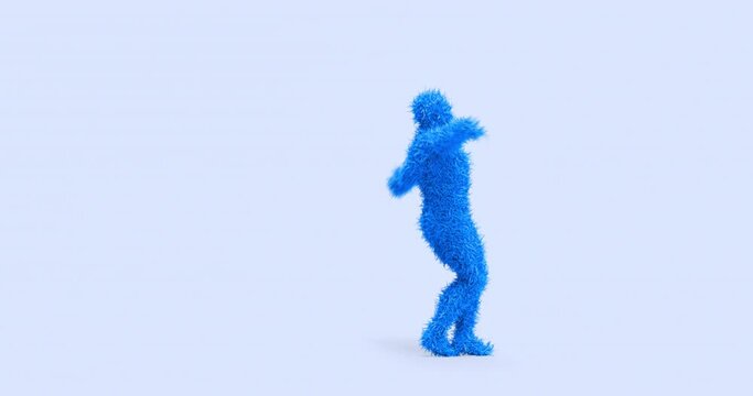 Blue 3D Hairy Fur Character Dancing Slowly On Empty Stage. Perfect Loop. Dance And Entertainment Related 3D Abstract Animation.