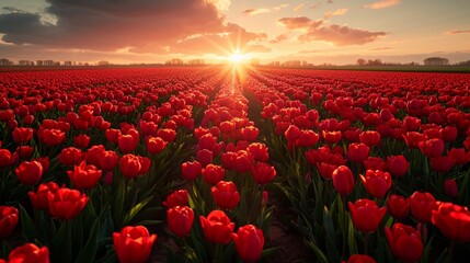 Vibrant tulip fields stretching to the horizon, each bloom capturing the essence of spring in a dazzling display of color and life.
