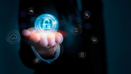 Fototapeta premium Lock. Cyber security. Padlock With Keyhole icon in hand. Protect and Security or Safe concept. Illustrates cyber data security or information privacy idea