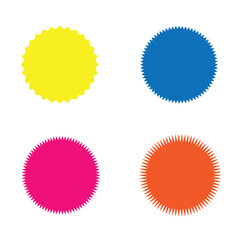 Set of vector starburst, sunburst badges. Different color. Simple flat style Vintage labels. Colored stickers. 66.11.