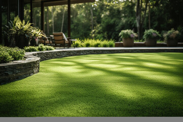 Natural Grass Turfs Rolling Over Inside Residential Backyard. Landscaping Industry Job 
