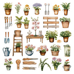 Watercolor Clipart of garden element and equipment