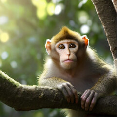 A monkey in a jungle sits on a branch