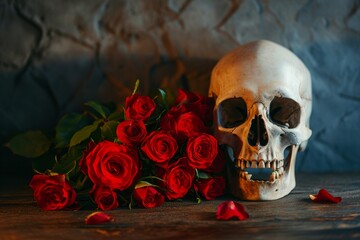 Love and demise Red roses bouquet on rustic wood with skull