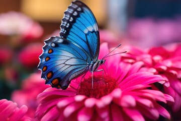 Beautiful blue butterfly on a pink flower illustration.